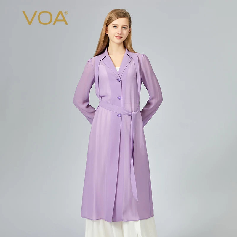 VOA Georgette 12m/m Silk Purple Suit Collar Single-breasted Long-sleeved Waist Tie Slightly Transparent Silk Trench Coat FE253
VOA Georgette 12m/m Silk Purple Suit Collar Single-breasted Long-sleeved Waist Tie Slightly Transparent Silk Trench Coat FE253