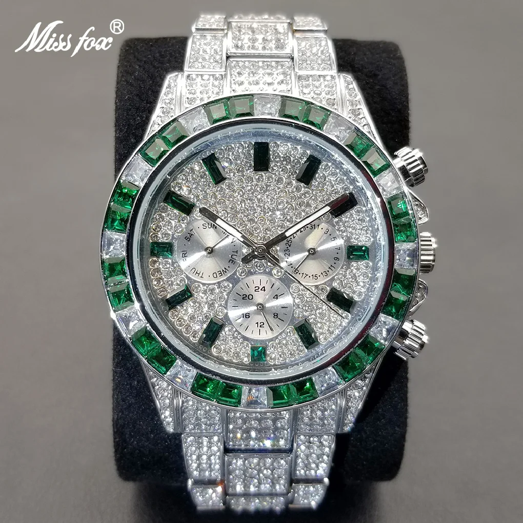 MISSFOX Ice Out Wristwatch For Men Luxury Green Diamond Calendar Quartz Wristwatch Hip Hop Fashion Waterproof Man Clock 2022 New
MISSFOX Ice Out Wristwatch For Men Luxury Green Diamond Calendar Quartz Wristwatch Hip Hop Fashion Waterproof Man Clock 2022 New
