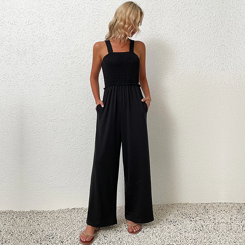 Simple Black Solid Women Spaghetti Strap Long Jumpsuits 2022 Sleeveless Casual High Waist Female Loose Wide Leg Pants Jumpsuts 
Simple Black Solid Women Spaghetti Strap Long Jumpsuits 2022 Sleeveless Casual High Waist Female Loose Wide Leg Pants Jumpsuts