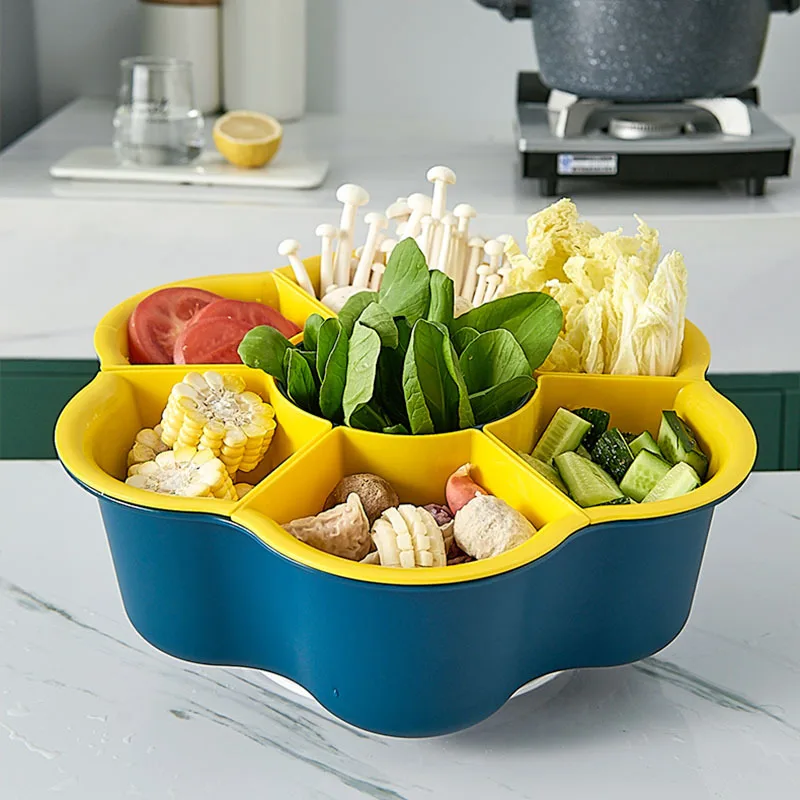 

8 Grid Hot Pot Ingredients Serving Dish 360° Rotatable Removable Large Vegetable Fruit Bowl Draining Platter Rotating Plate Home