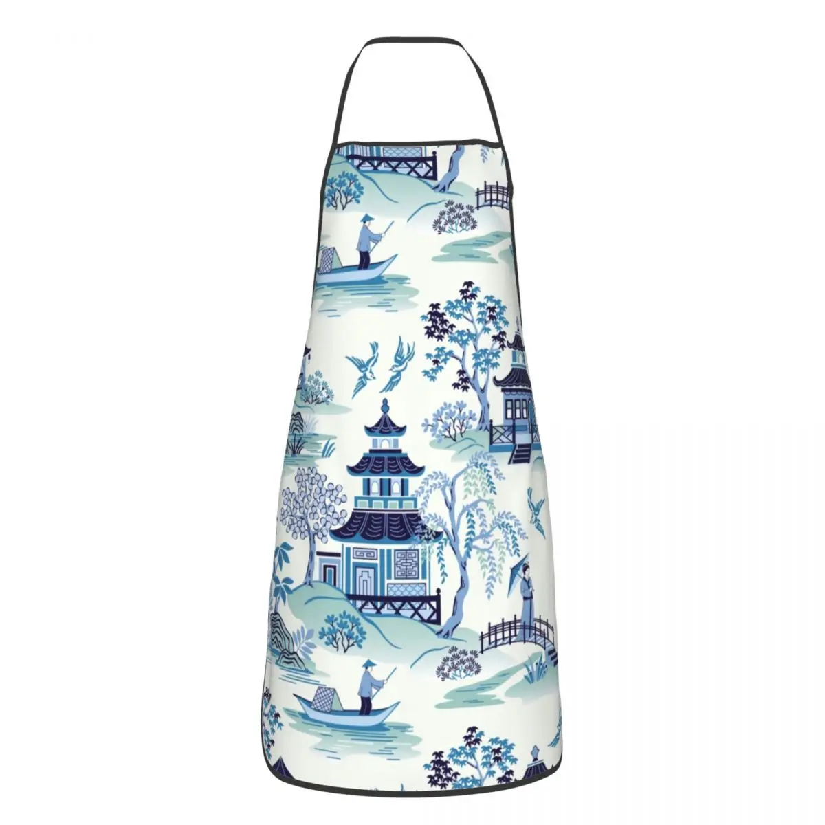 

Китайская пагода, синяя антикварная ивовая посуда, кухонный фартук шеф-повара, Кухонный Фартук для мужчин и женщин, фартук в восточном стиле для садоводства