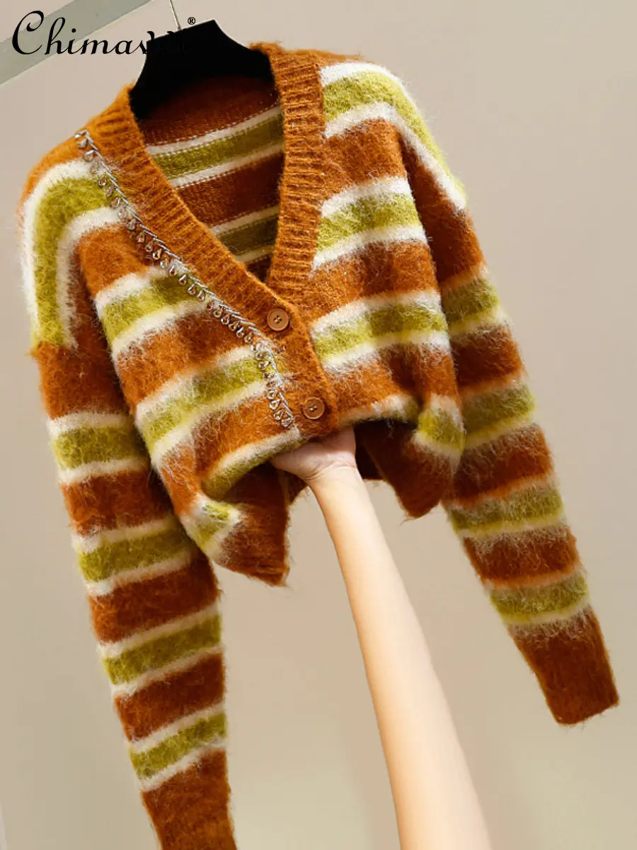 Beaded Diamond V Neck Single-Breasted Short Knitted Cardigan Thickened Striped Brushed Sweater Women's Loose Versatile Knit Tops
Beaded Diamond V Neck Single-Breasted Short Knitted Cardigan Thickened Striped Brushed Sweater Women's Loose Versatile Knit Tops