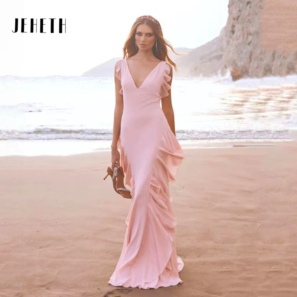 JEHETH Simple Mermaid Bridesmaid Dresses Beach V-Neck A-Line Chiffon Ruffles Prom Gowns Backless Floor Length Robes De Soirée
JEHETH Simple Mermaid Bridesmaid Dresses Beach V-Neck A-Line Chiffon Ruffles Prom Gowns Backless Floor Length Robes De Soirée