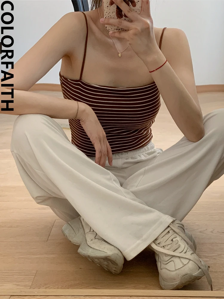 

Colorfaith V5270JM New 2023 Striped Bottoming Sexy Bra Padding Elasticity Vests Women Spring Summer Tank & Camis Crop Short Tops