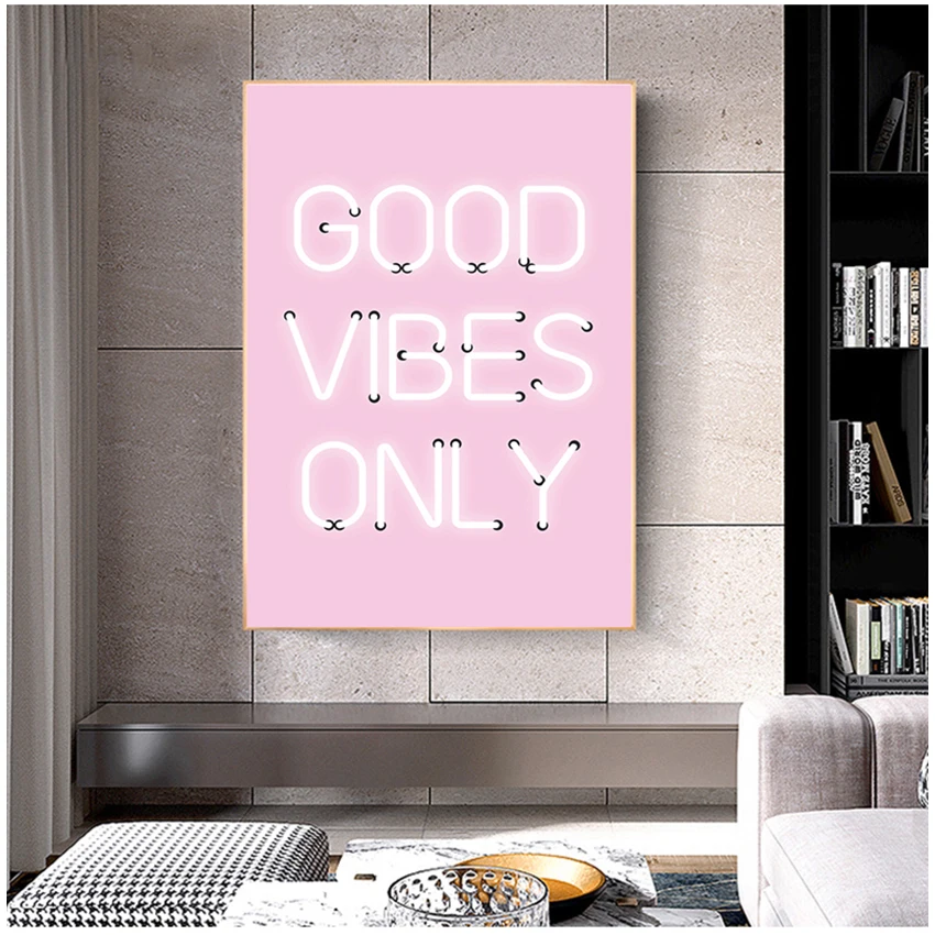 Настенное искусство, Картина на холсте, декор для домашней комнаты «Good Vibes Only», вывеска неонового света, вдохновляющий постер, розовые позит...