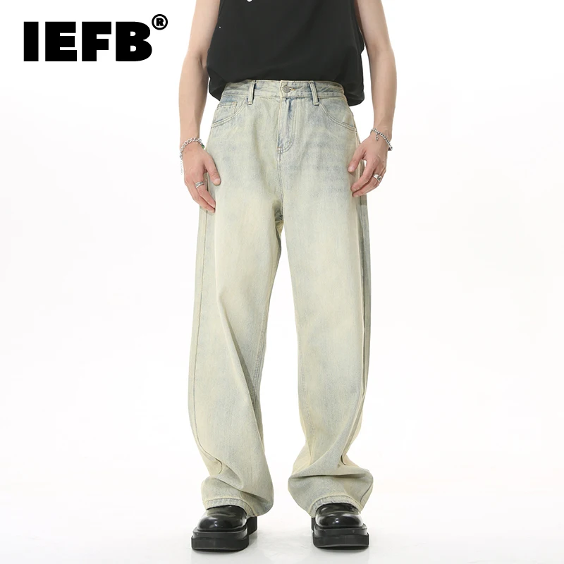 

IEFB Vintage Men's Casual Jeans Fashion Washed Yellow Mud Male Tide Loose Wide Leg Straight Denim Pants Summer Trendy 9A8910