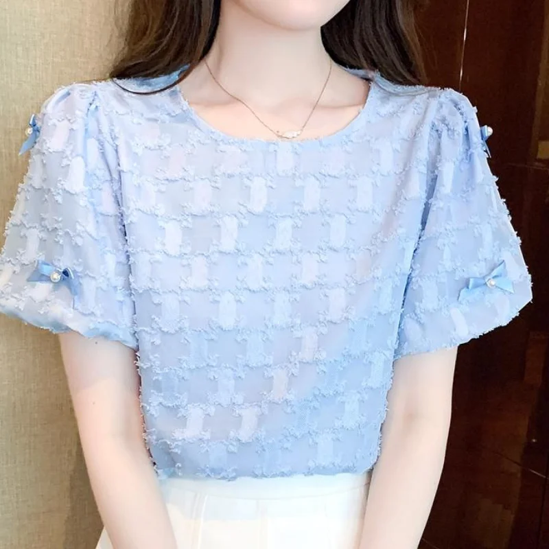 Summer Sweet Blue Shirt Ladies Casual O-Neck Tops Puff Sleeve Chiffon Top French Korean Age-reducing Blouse Women Elegant 27477
Summer Sweet Blue Shirt Ladies Casual O-Neck Tops Puff Sleeve Chiffon Top French Korean Age-reducing Blouse Women Elegant 27477