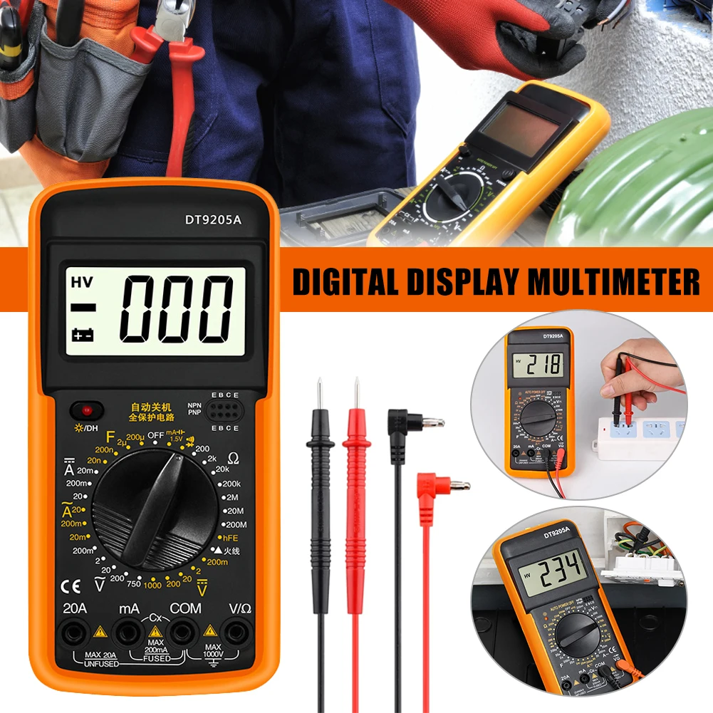 DT9205 Digital Multimeter with LCD Screen Measure AC/DC Voltage Current Resistance Capacitance Temperature Tester
DT9205 Digital Multimeter with LCD Screen Measure AC/DC Voltage Current Resistance Capacitance Temperature Tester