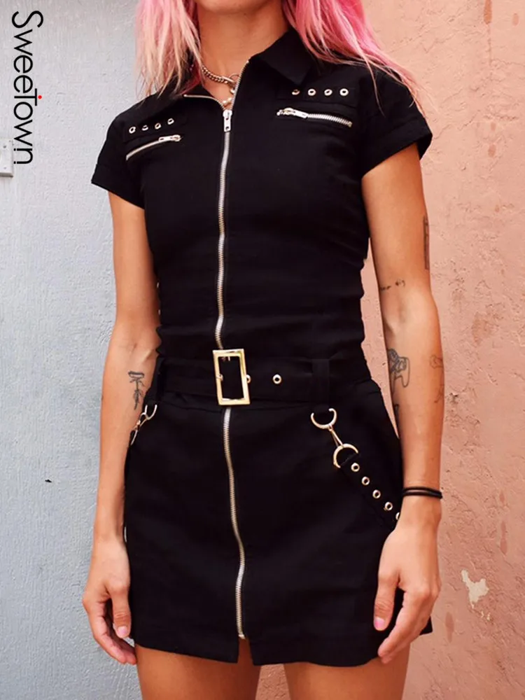 Sweetown Zip Up Gothic Black Mini Dress With Belt Womens Eyelet Punk Techwear Short Sleeve Turn Down Collar Cargo Shirt Dresses
Sweetown Zip Up Gothic Black Mini Dress With Belt Womens Eyelet Punk Techwear Short Sleeve Turn Down Collar Cargo Shirt Dresses