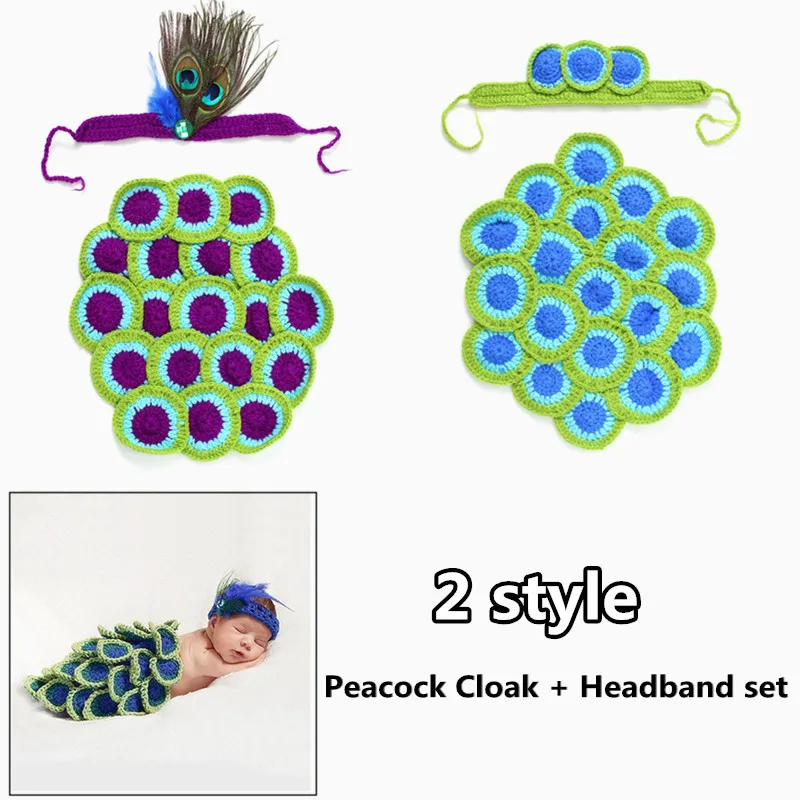 Cute Newborn Photography Props Baby Girls Boys Handmade Soft Crochet Knit Headband + Infant Diaper Cover Peacock Clothing Set | Мать и