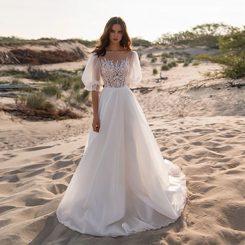 

Женское свадебное платье It's yiiya, белое платье трапециевидной формы с круглым вырезом и буффами на рукавах на лето 2019