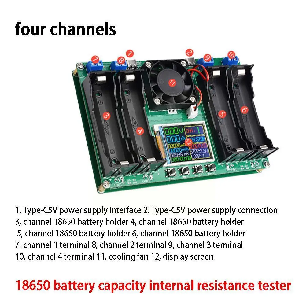 4-канальный тестер емкости батареи 18650, внутреннее сопротивление, тестер разрядки и зарядки модуля, автоматический тестер сопротивления Int W1F0 
4-канальный тестер емкости батареи 18650, внутреннее сопротивление, тестер разрядки и зарядки модуля, автоматический тестер сопротивления Int W1F0