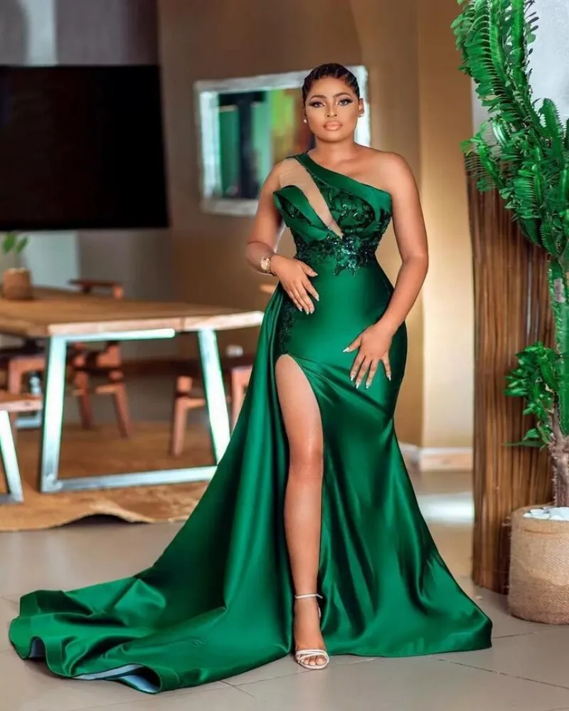 

Sexy Dark Green Arabic Mermaid Prom Dresses One Shoulder Illusion Sequined Lace Appliques Split Slit Aso Ebi Evening Party Gowns