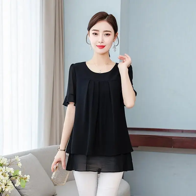 

Btfg Chiffon Summer 2022 New Large Size Short Sleeve Covered Belly Solid Color O-Neck Slim Loose Elegant Style Joker Top