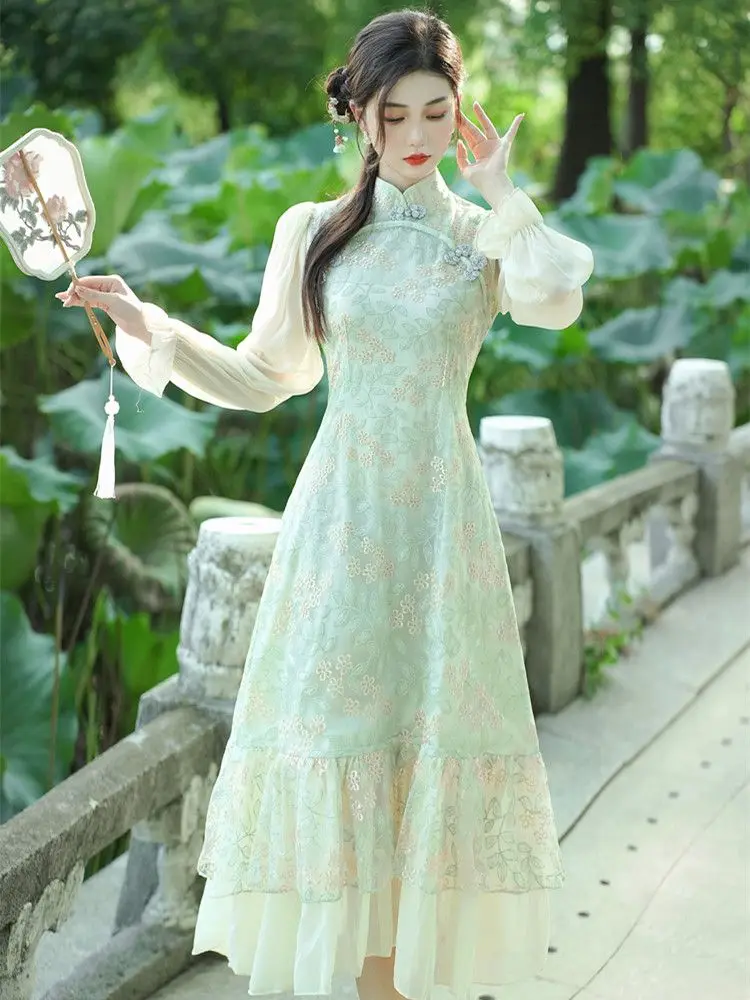 2023 chinese style retro qipao improved cheongsam dress spring lady temperament long sleeved women oriental style fairy dress
2023 chinese style retro qipao improved cheongsam dress spring lady temperament long sleeved women oriental style fairy dress