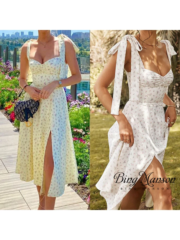 

Summer Flower Print Tie Split Thigh Camo Dress White Sleeveless V-Neck Open Back Beach Dress Women's Strap Dress Street Apparel