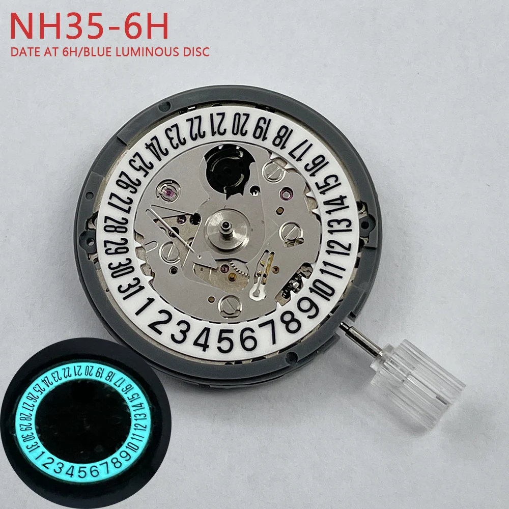 

Japan NH35 Mechanical Movement Date at 6H Strong Blue Luminous Disc Datewheel Mod Automatic Mechanism NH35-6H