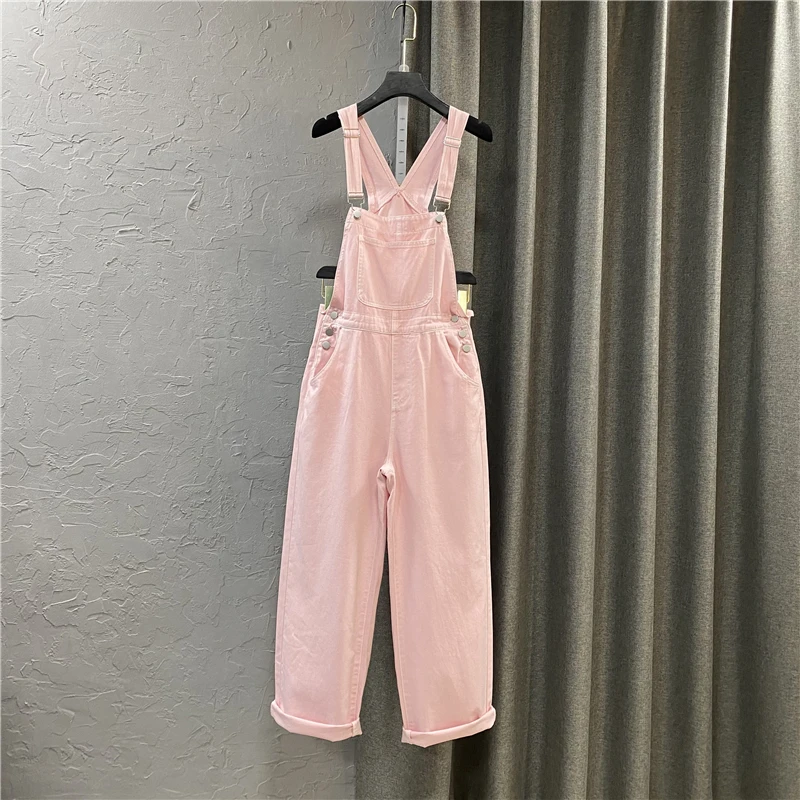 

Jumpsuits Women Vintage Washed Ins Pink Retro Denim College 2023 Overalls Preppy All-match BF Spring Chic Solid Streetwear Sweet