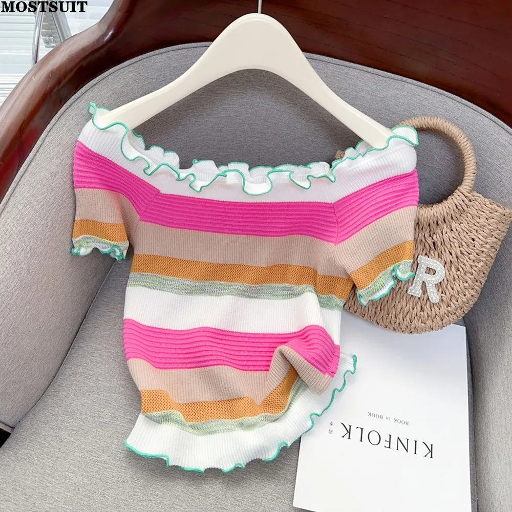 Укороченный свитер с открытыми плечами в радужную полоску, женский летний стильный модный тонкий сексуальный Трикотажный свитер с коротким рукавом, 2023 
Укороченный свитер с открытыми плечами в радужную полоску, женский летний стильный модный тонкий сексуальный Трикотажный свитер с коротким рукавом, 2023