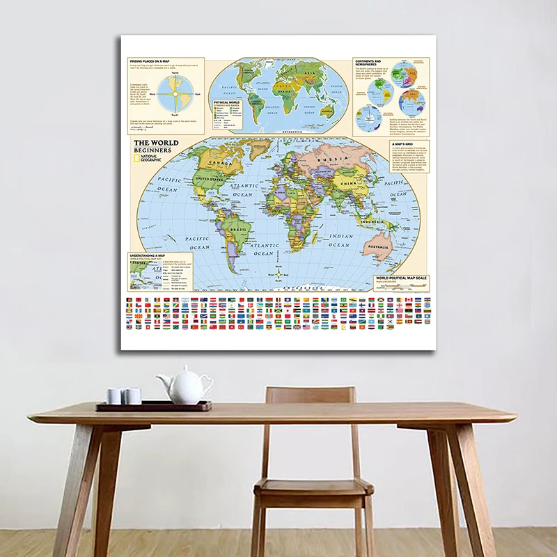 

60*60cm The World Map Wall Art Canvas Painting Unframed Prints School Teaching Supplies Home Living Room Decoration
