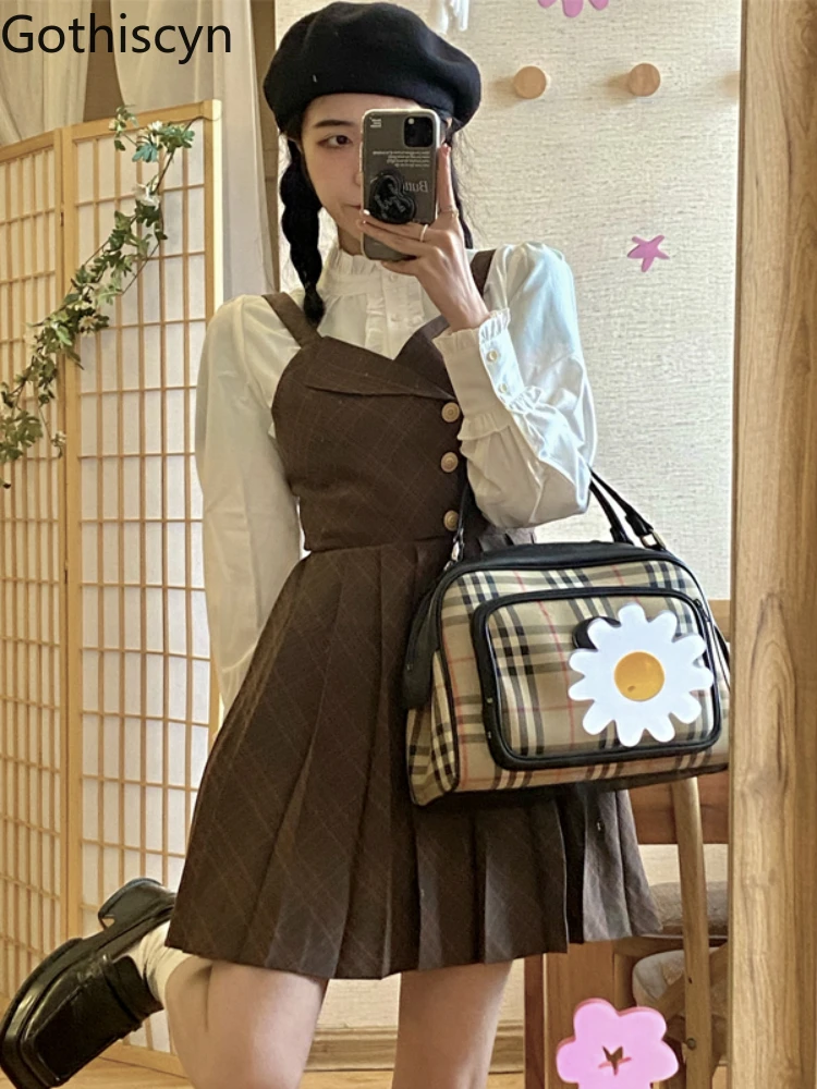 Gothiscyn Preppy Style Brown Tank Dress Button Up Shirt 2 Pieces Set Women Suits Korean Fashion Folds Skirts Spring Autumn New
Gothiscyn Preppy Style Brown Tank Dress Button Up Shirt 2 Pieces Set Women Suits Korean Fashion Folds Skirts Spring Autumn New
