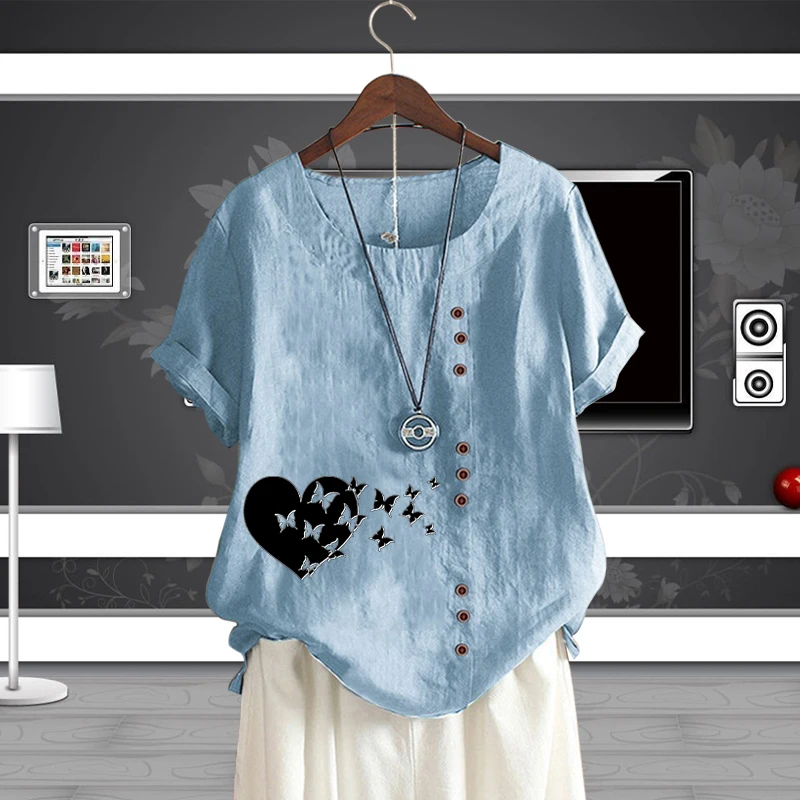 Casual Loose Shirt for Women Lady's Round Neck Loving Heart Butterfly Pattern Loose Linen T Shirt Print Short Sleeve Top
Casual Loose Shirt for Women Lady's Round Neck Loving Heart Butterfly Pattern Loose Linen T Shirt Print Short Sleeve Top