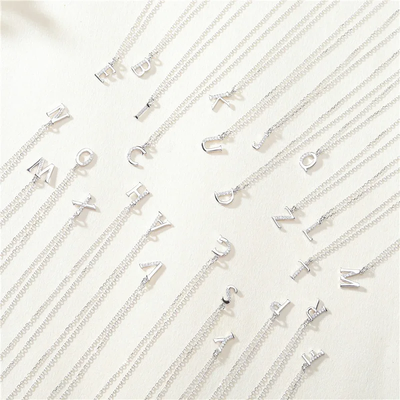 

Genuine 925 Sterling Silver Initial Letter Pendant Necklace A-Z Letter Shiny Clavicle Chain For Ladies Exquisite Jewelry Gift