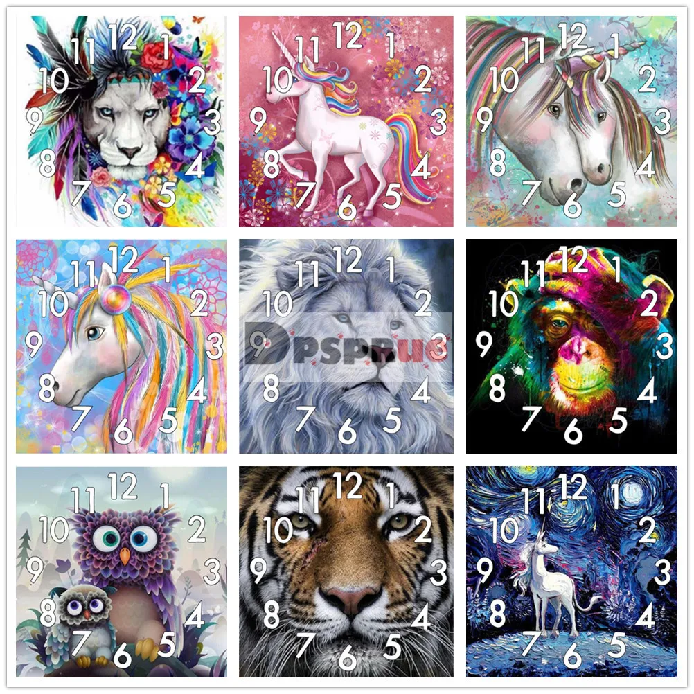 

Dpsprue Full Diamond Painting Cross Stitch Animals With Clock Mechanism Mosaic 5D Diy Square Round 3d Embroidery Gift JG05