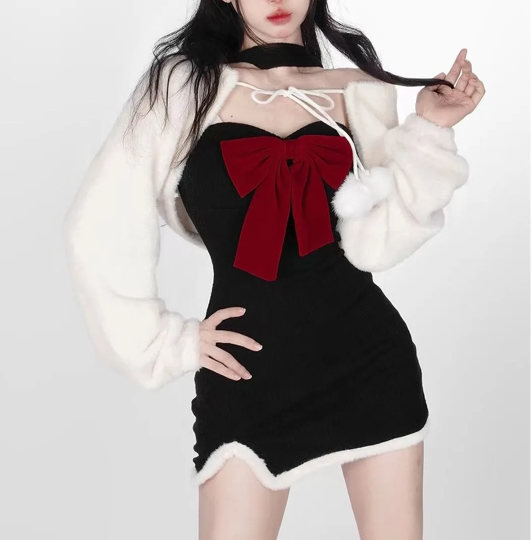Winter Christmas Bow Dress Women Off Shoulder Dresses and Shawl Sets Korean Fashion Sweet Sexy Party Bodycon Black Dress 
Winter Christmas Bow Dress Women Off Shoulder Dresses and Shawl Sets Korean Fashion Sweet Sexy Party Bodycon Black Dress