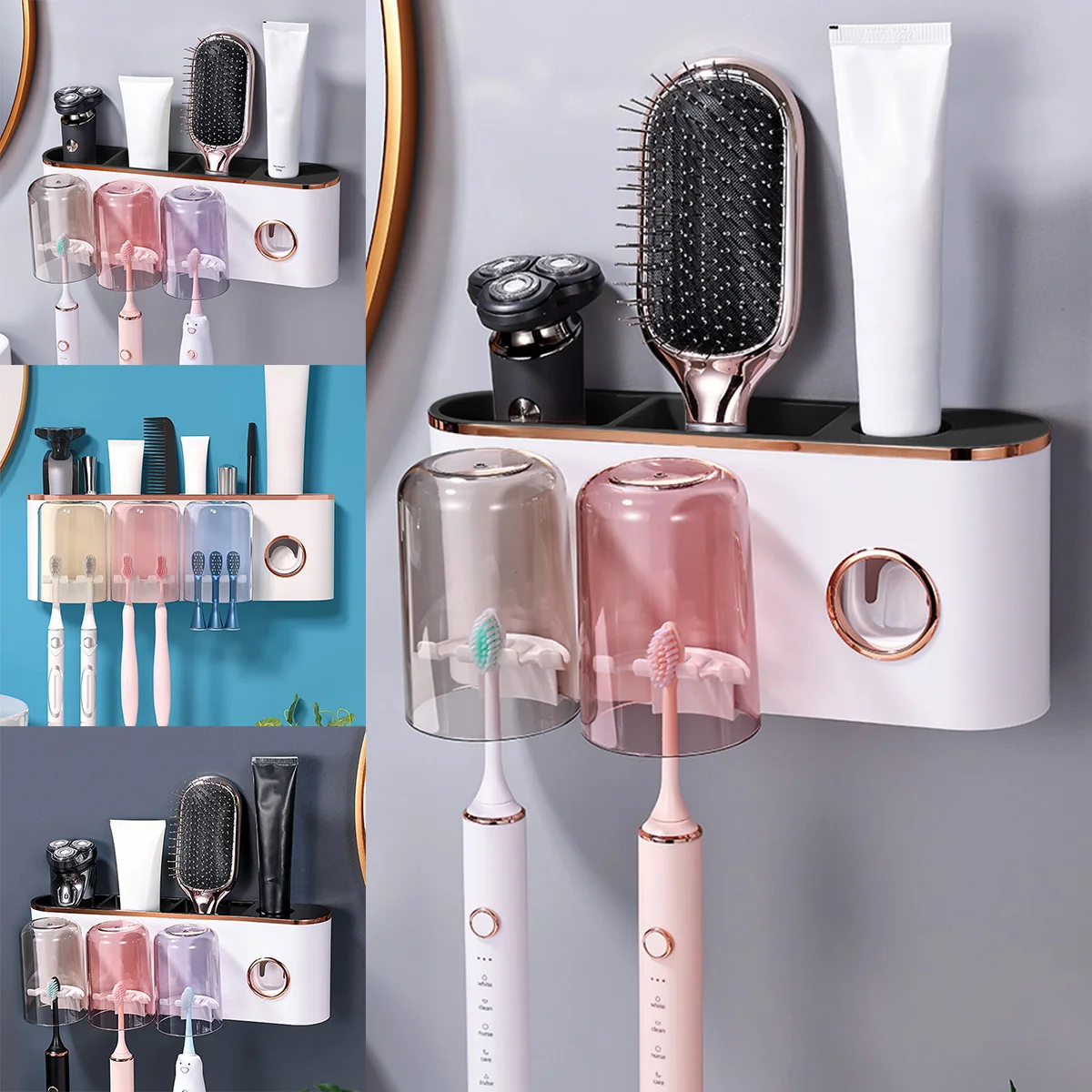 Toothbrush Holders Self Adhesive Wall Mounted Automatic Toothpaste Dispenser with 3 Cups 9 Toothbrush Organizer Slots
Toothbrush Holders Self Adhesive Wall Mounted Automatic Toothpaste Dispenser with 3 Cups 9 Toothbrush Organizer Slots
