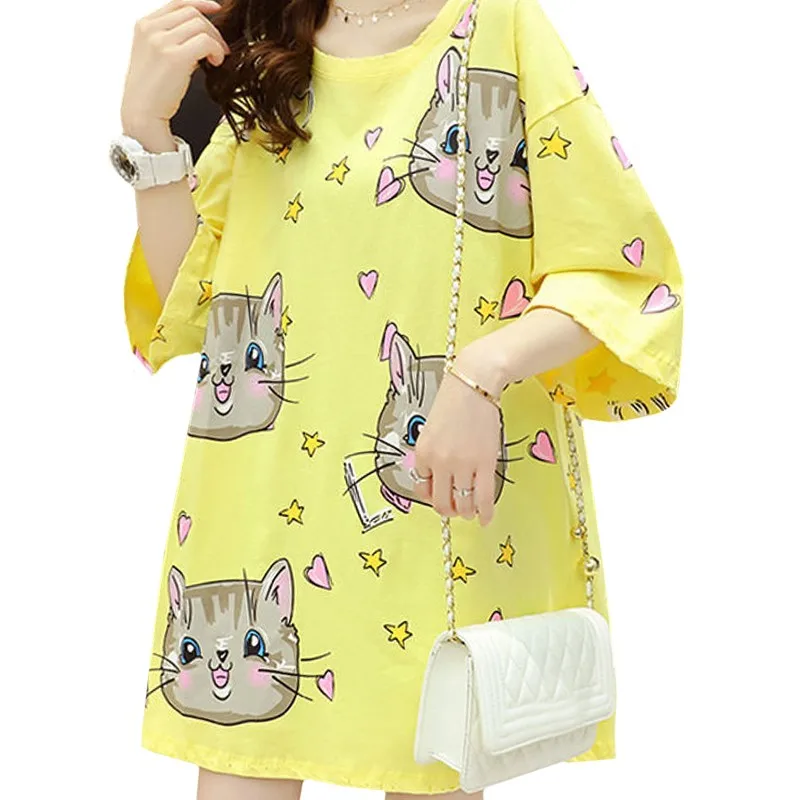 

Футболка женская свободного покроя, милая рубашка в японском и корейском стиле, с принтом милого кота, желтая футболка в стиле Харадзюку, с л...