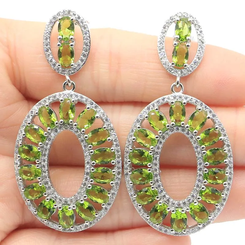 

55x26mm Highly Recommend Big Size Green Peridot White CZ Woman's Wedding Silver Earrings