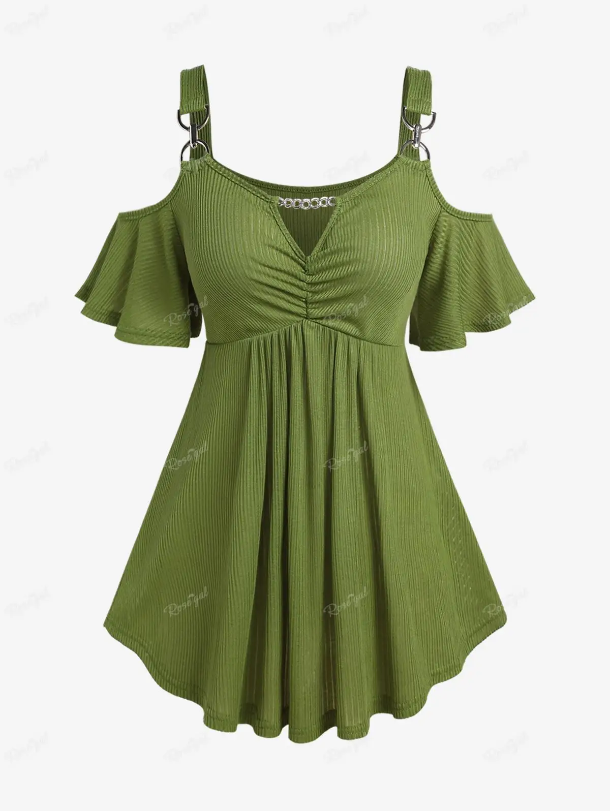 ROSEGAL Plus Size Cold Shoulder Ribbed Tees Fashion Keyhole Neck Chain Flounce Ruched Tunic Top New Green T-shirt
ROSEGAL Plus Size Cold Shoulder Ribbed Tees Fashion Keyhole Neck Chain Flounce Ruched Tunic Top New Green T-shirt
