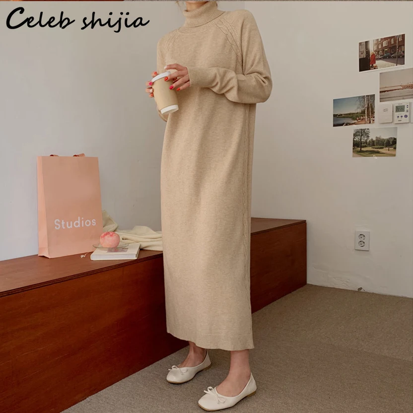 

Khaki Maxi Woolen Dress Women 2023 Autumn Turtleneck Elegant Sweater Dress Female Loose Vinatge Gray Knitted Vestidos Winter