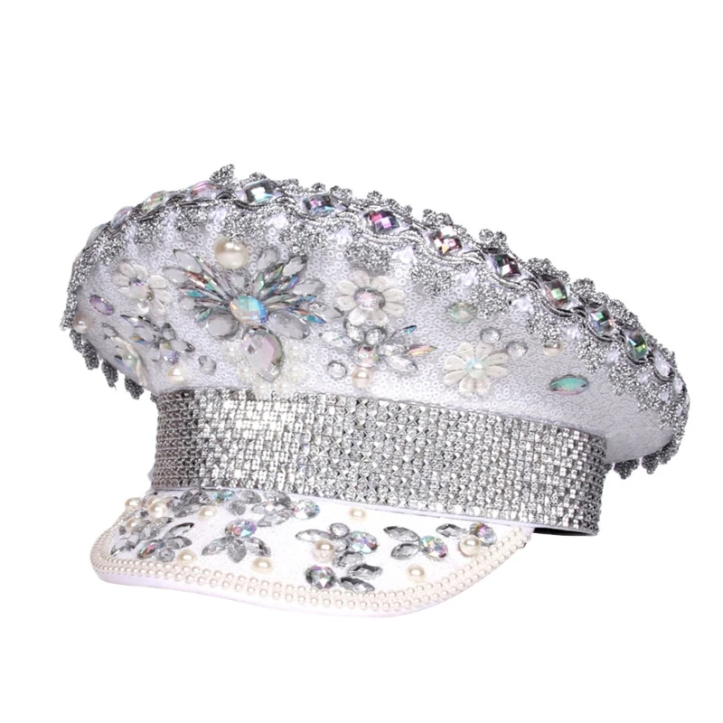 

Diamond-studded Captain Hat Heavy Crystal Sailor Hat Surprise Gift for Girl Boys Beret Hat for Carnivals Music Festival