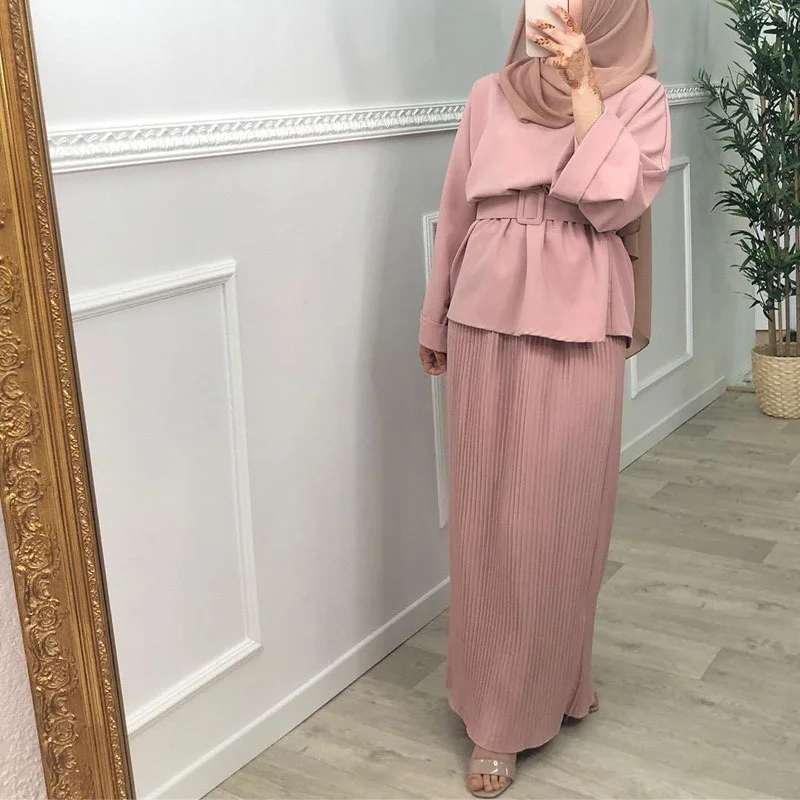 Eid Ramadan Two Piece Matching Outfit Muslim Sets Women Fashion Tops Belted Dress Pleated Skirt Suit Islam Dubai Turkey Clothing
Eid Ramadan Two Piece Matching Outfit Muslim Sets Women Fashion Tops Belted Dress Pleated Skirt Suit Islam Dubai Turkey Clothing