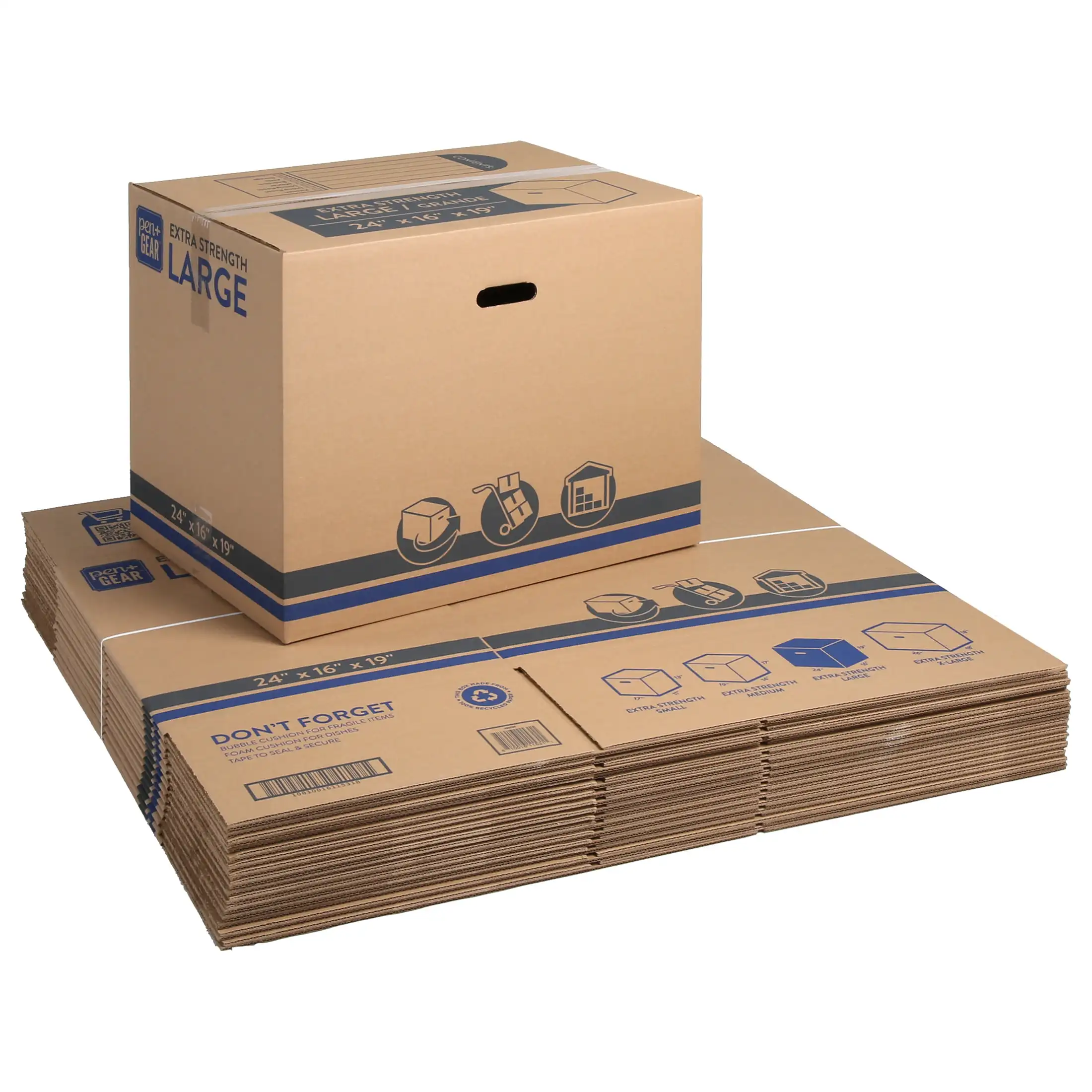Pen+Gear Large Extra Strength Recycled Moving Boxes, 24" L x 16" W x 19" H, Kraft, 15 Count
Pen+Gear Large Extra Strength Recycled Moving Boxes, 24" L x 16" W x 19" H, Kraft, 15 Count