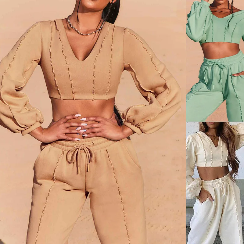 Autumn and winter new sports suit Fashion open navel short sweater Three dimensional lace up trousers two-piece set
Autumn and winter new sports suit Fashion open navel short sweater Three dimensional lace up trousers two-piece set