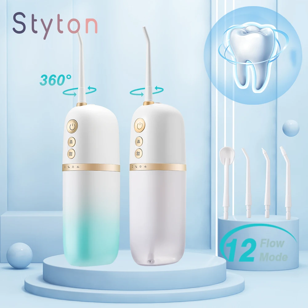 

Styton Portable Oral Irrigator USB Rechargeable Water Flosser 12 Modes 4 Jet Tip IPX7 200ML Water Tank for Cleaning Teeth C100