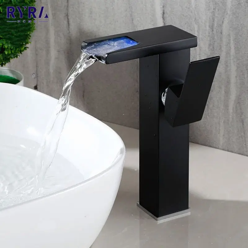 

Bathroom Sink LED Faucet Mixer Bathroom Waterfall LED Color-changing Faucet Solid Brass Water Power Washbasin Faucets Basin Tap