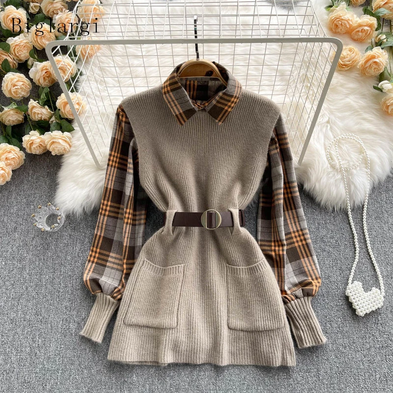 Autumn Winter Knitted Vest Two 2 Piece Set Women Long Sleeve Plaid Shirt Sleeveless Sweater Tops Suits Womens Shirts Sets 2022
Autumn Winter Knitted Vest Two 2 Piece Set Women Long Sleeve Plaid Shirt Sleeveless Sweater Tops Suits Womens Shirts Sets 2022