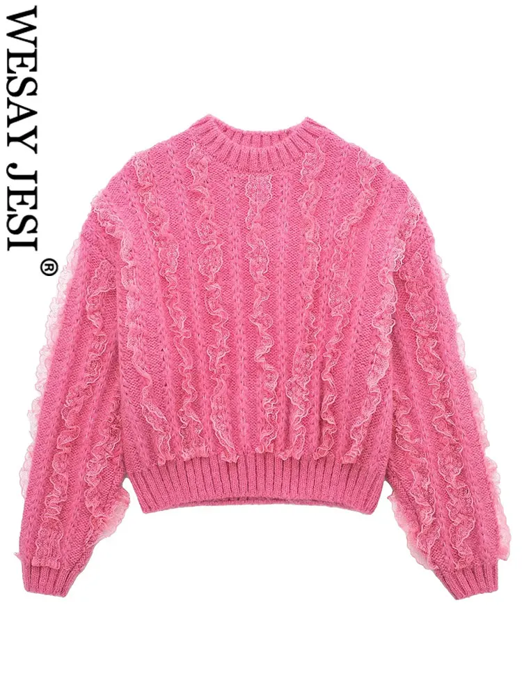 

WESAY JESI Women's Fashion Tiered Embellished Sweater Elegant Pink O-Neck Long Sleeve Loose Knitwear Pullover Female Chic Tops
