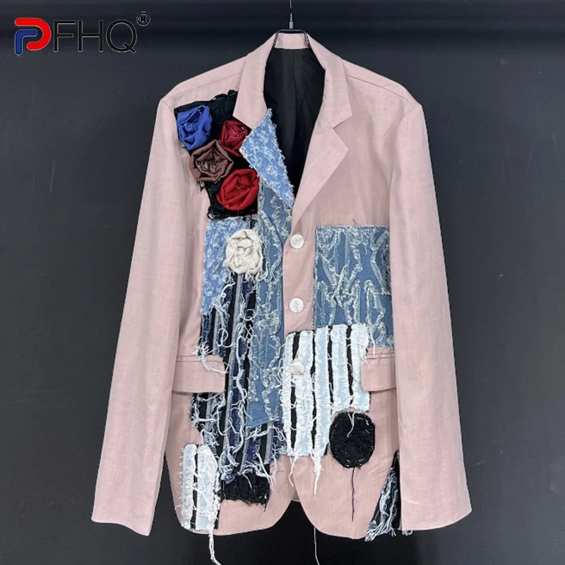 

PFHQ Autumn Men's Design Single Breasted Suit Jackets Denim Patch Silhouette Baggy Flowers Creativity Abstract Blazers 21Z1691