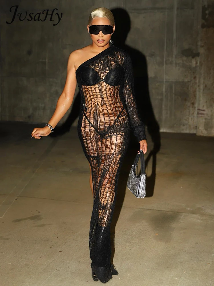 JusaHy Sexy&Club One-Shoulder Sleeve Openwork Weaving Chic Pullover Skinny Transparent Slit Dress Black Knitting Solid Clothing
JusaHy Sexy&Club One-Shoulder Sleeve Openwork Weaving Chic Pullover Skinny Transparent Slit Dress Black Knitting Solid Clothing
