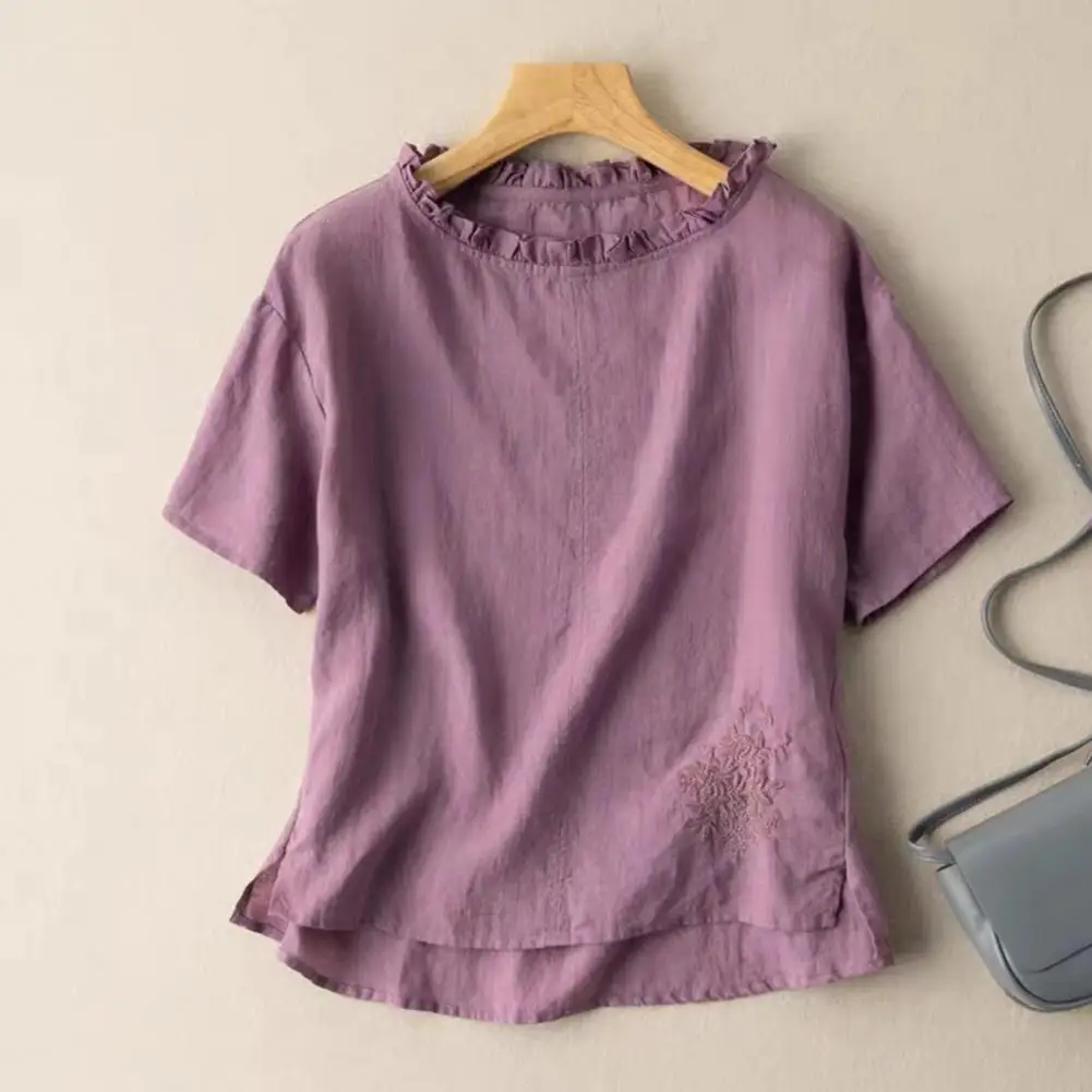 Women Summer T-shirt Round Neck Solid Color Short Sleeves Flower Embroidery Shirring Ruffle Lady Blouse Top Female Clothes
Women Summer T-shirt Round Neck Solid Color Short Sleeves Flower Embroidery Shirring Ruffle Lady Blouse Top Female Clothes