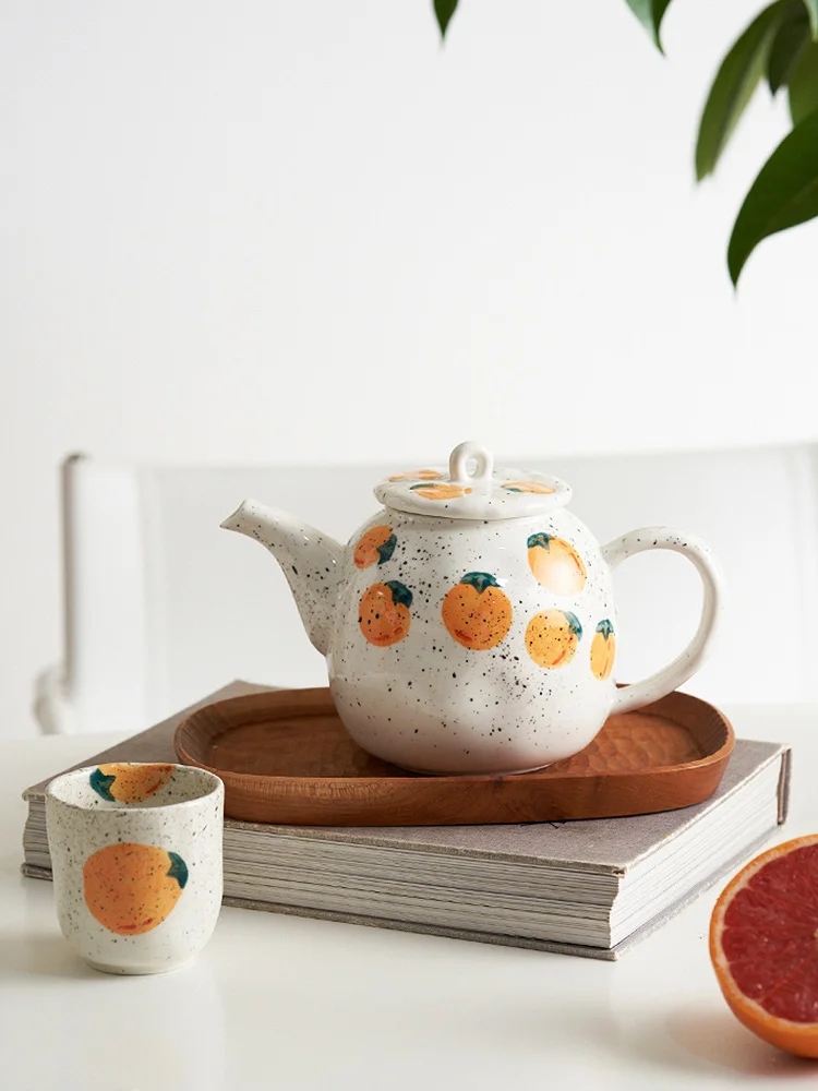 

Керамический чайник 850 мл, Набор кружек 150 мл, популярная Милая мультяшная клубника, оранжевый с принтом под глазурью, домашняя посуда для напитков в скандинавском стиле