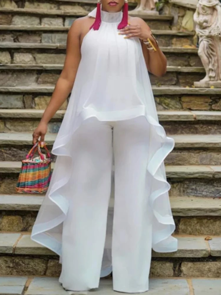 Women Summer White Pant Sets Backless Long Chiffon Blouse Wide Leg Trousers Elegant Ladies Party Vacation Beach 2 Piece Outfits
Women Summer White Pant Sets Backless Long Chiffon Blouse Wide Leg Trousers Elegant Ladies Party Vacation Beach 2 Piece Outfits