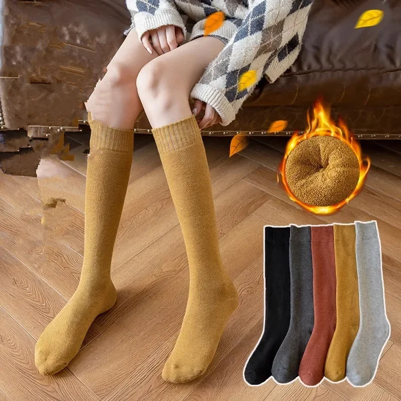 

Women Winter Warm Stockings Sexy Snow Solid Color Tight Thickened Loops Inner Warm Slim Girl JK Long Knee High Terry Calf Socks