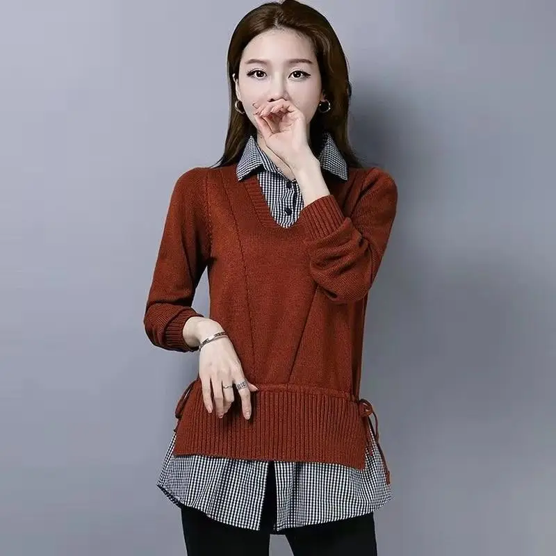 Patchwork Knitwear Tops Casual Loose Spring Sweater Femme Plaid Shirt Collar Fake Two Pieces Knitted Pullovers for Women E53
Patchwork Knitwear Tops Casual Loose Spring Sweater Femme Plaid Shirt Collar Fake Two Pieces Knitted Pullovers for Women E53