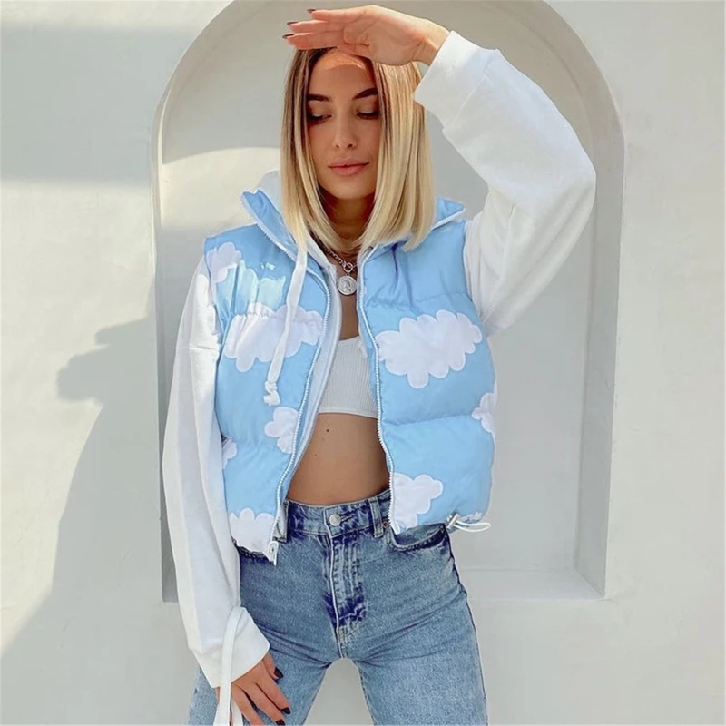 Жилет женский с принтом в виде облаков, теплый двусторонний жилет с воротником-стойкой, на молнии, безрукавка на осень-зиму 
Жилет женский с принтом в виде облаков, теплый двусторонний жилет с воротником-стойкой, на молнии, безрукавка на осень-зиму
